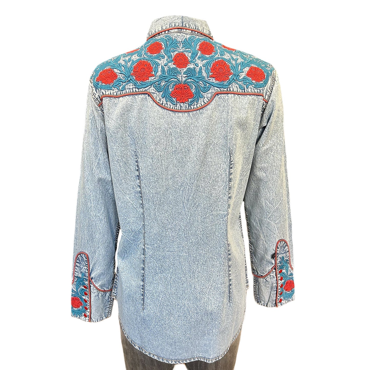 Vintage Denim Bi-Color Floral Embroidered Western Shirt