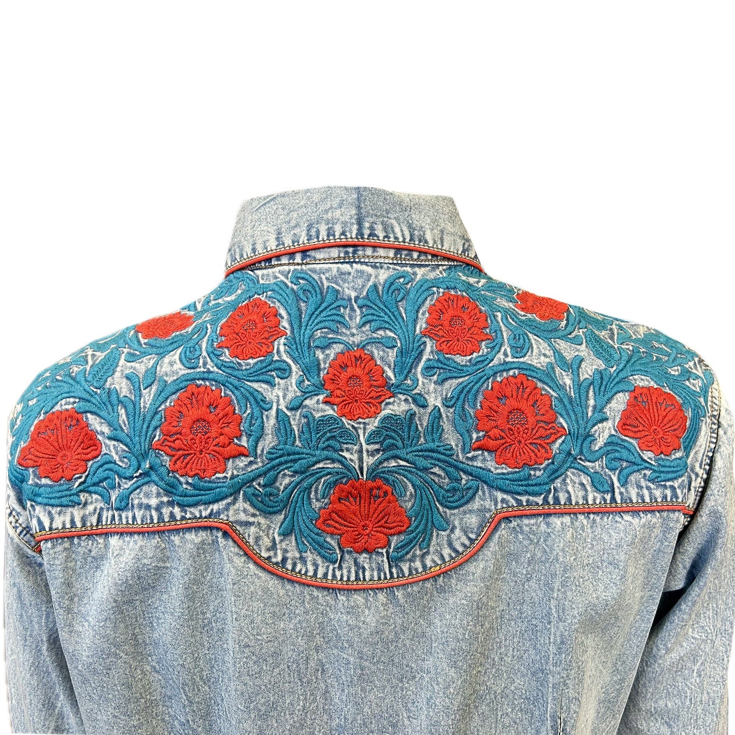 Vintage Denim Bi-Color Floral Embroidered Western Shirt