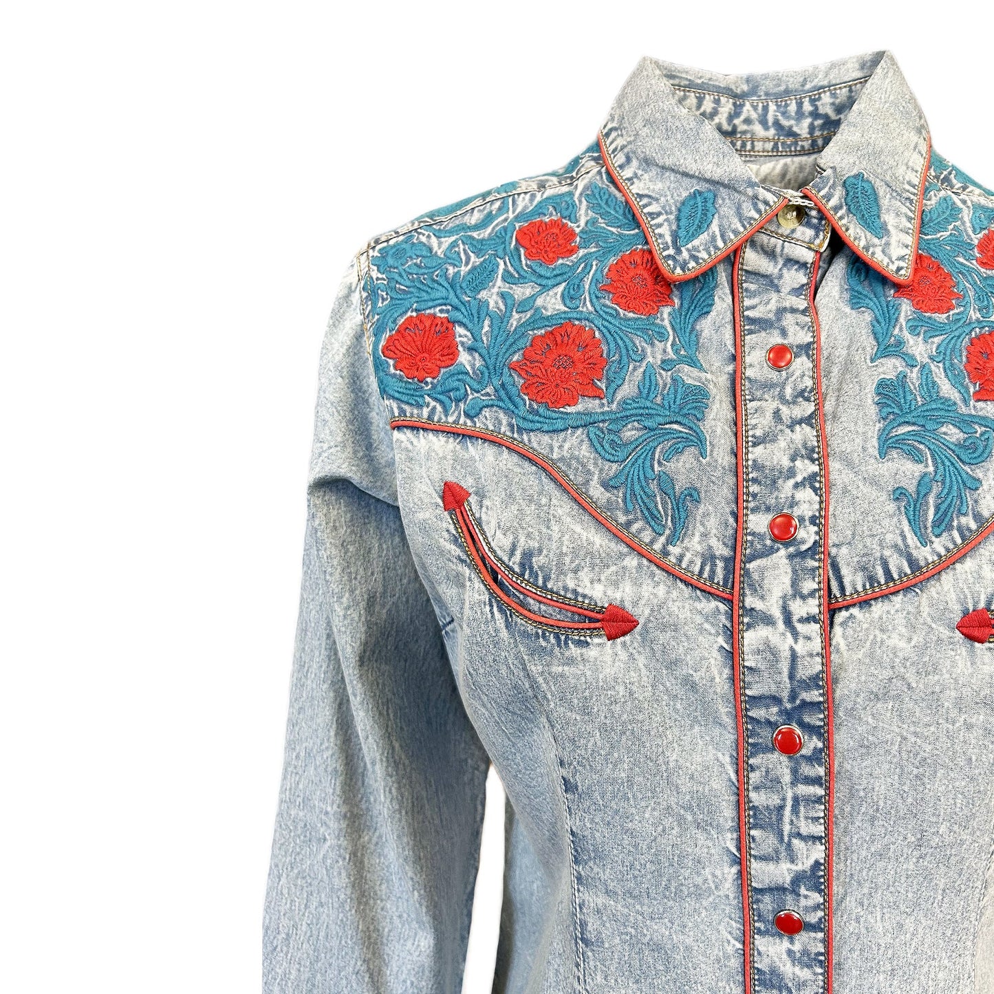 Vintage Denim Bi-Color Floral Embroidered Western Shirt