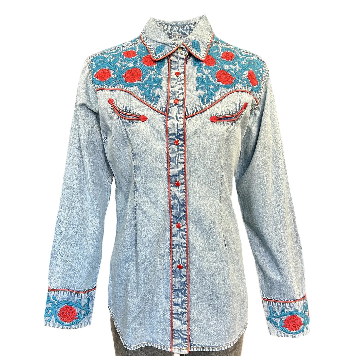 Vintage Denim Bi-Color Floral Embroidered Western Shirt