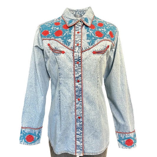 Vintage Denim Bi-Color Floral Embroidered Western Shirt