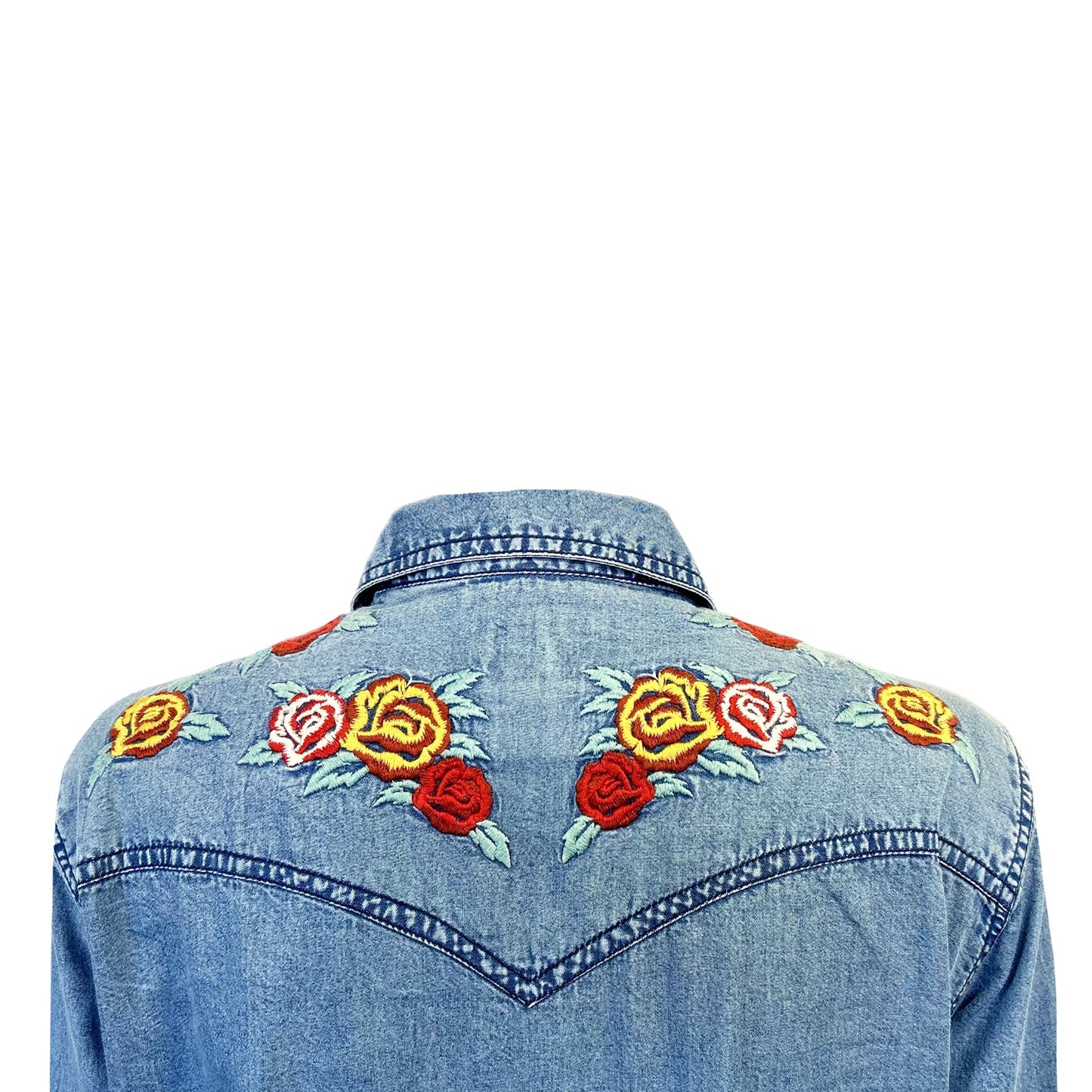 Denim Western Shirt Dress with Floral Embroidery