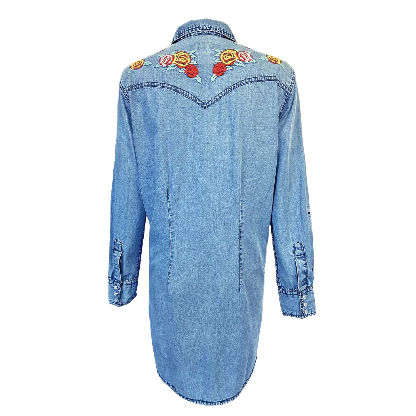 Denim Western Shirt Dress with Floral Embroidery