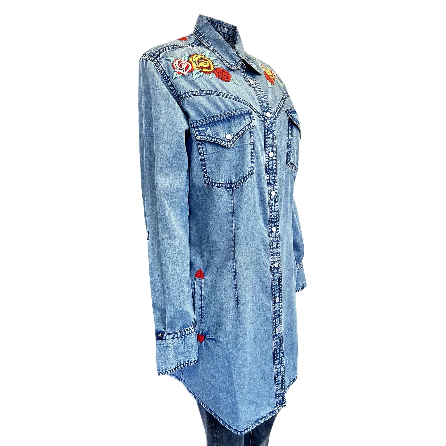 Denim Western Shirt Dress with Floral Embroidery