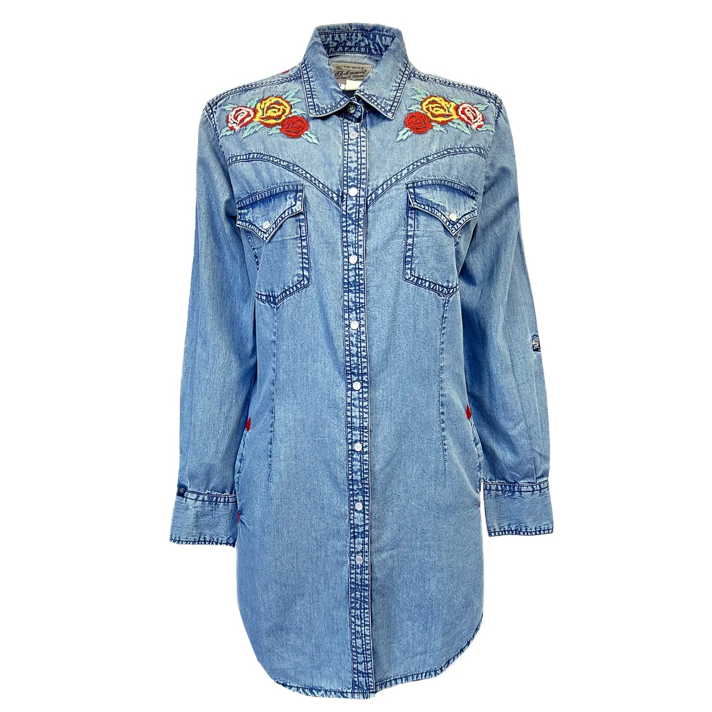 Denim Western Shirt Dress with Floral Embroidery