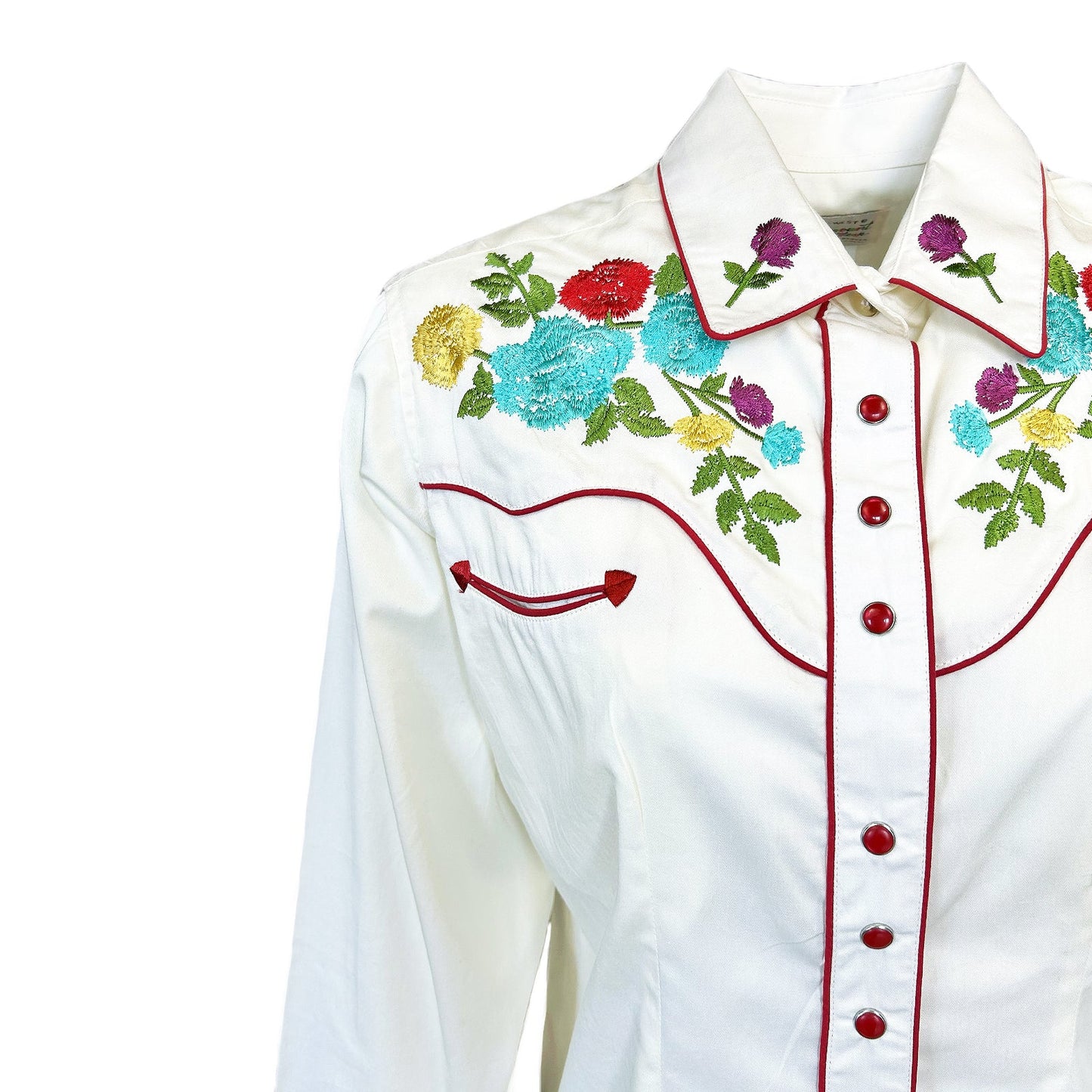 Vintage Ivory Floral Pastel Embroidery Western Shirt