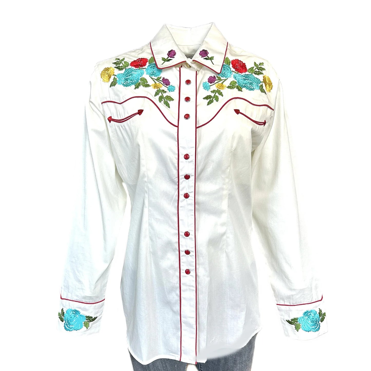 Vintage Ivory Floral Pastel Embroidery Western Shirt