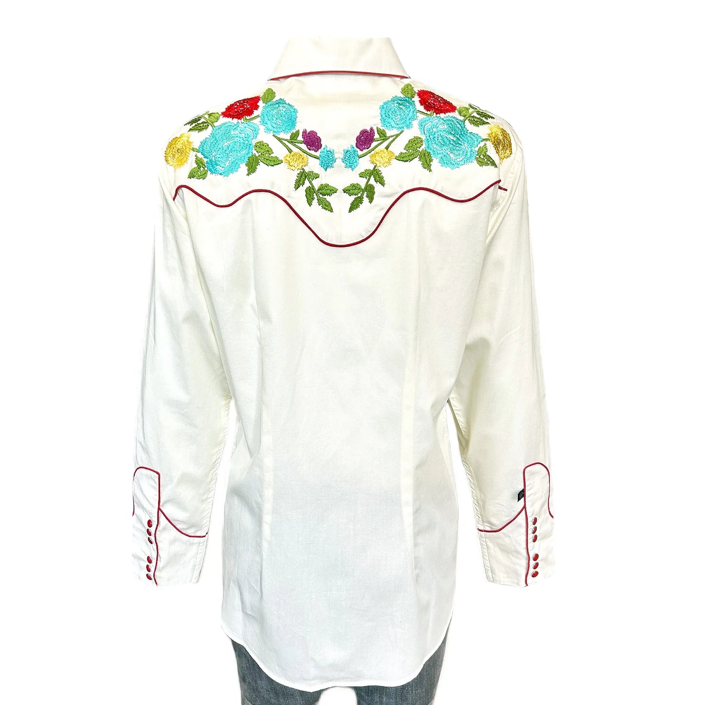 Vintage Ivory Floral Pastel Embroidery Western Shirt