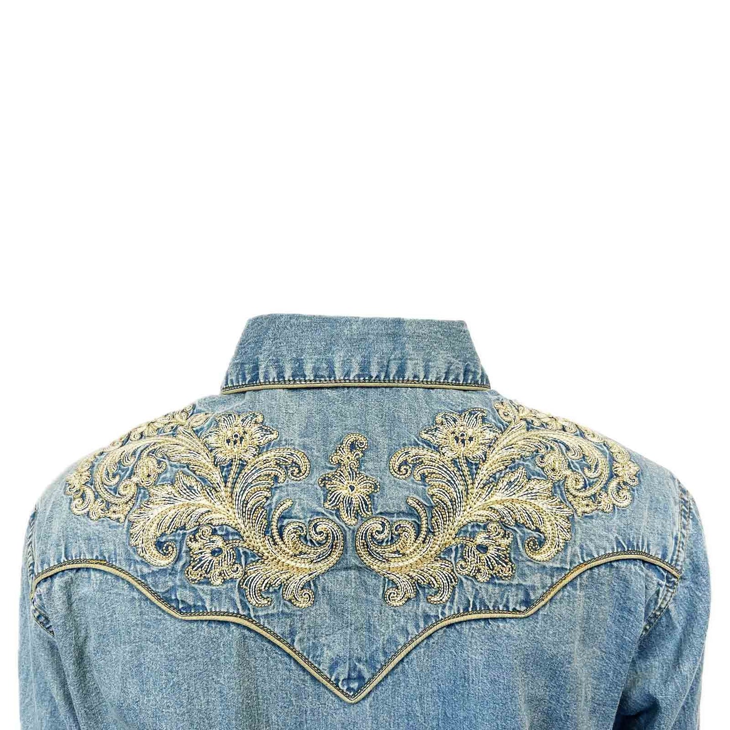 Vintage Denim Western Shirt with Floral Embroidery