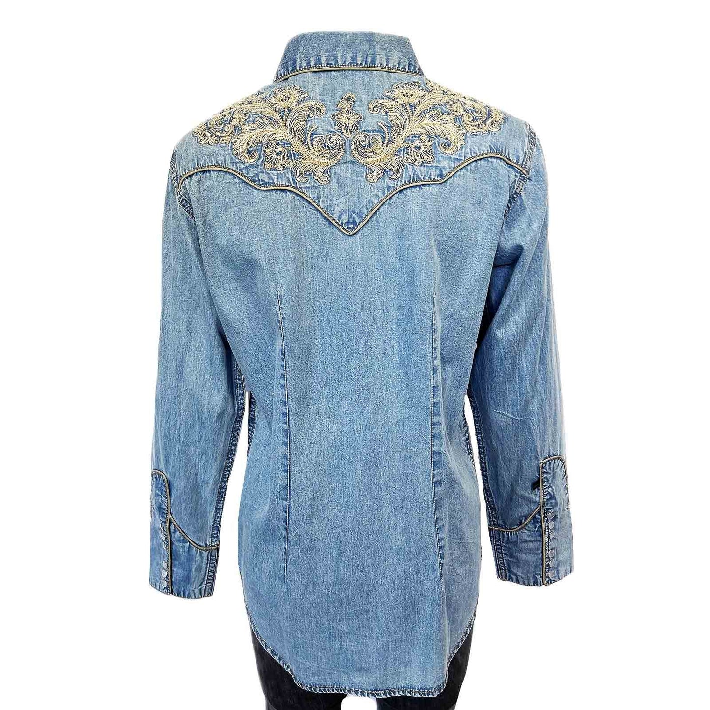 Vintage Denim Western Shirt with Floral Embroidery