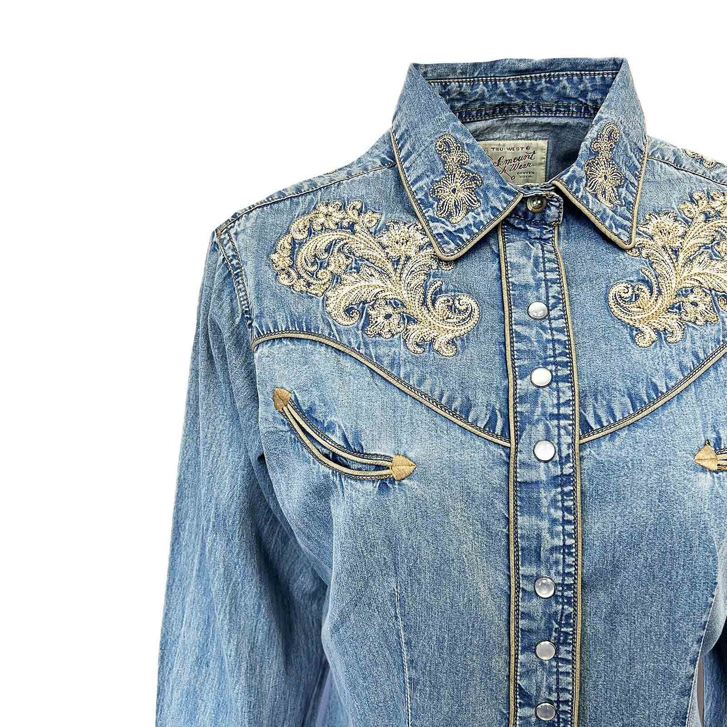 Vintage Denim Western Shirt with Floral Embroidery