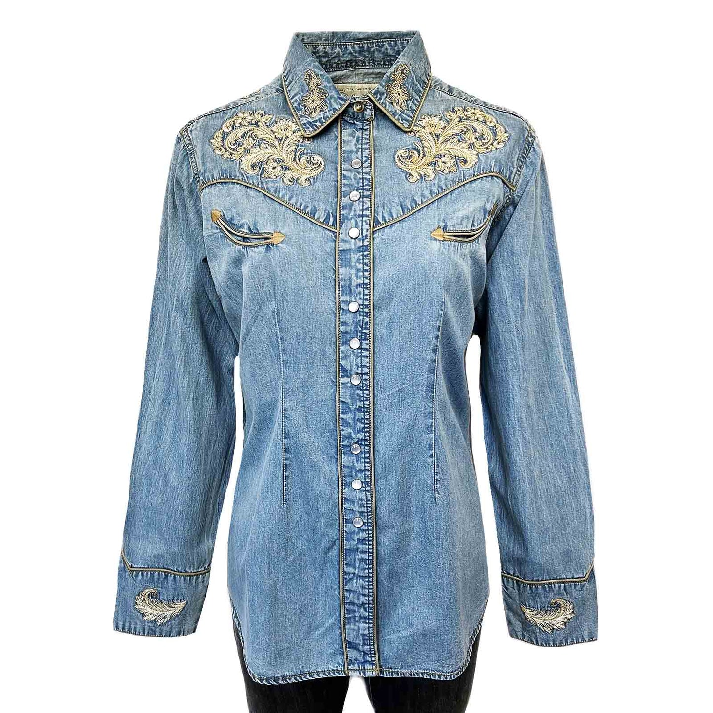 Vintage Denim Western Shirt with Floral Embroidery