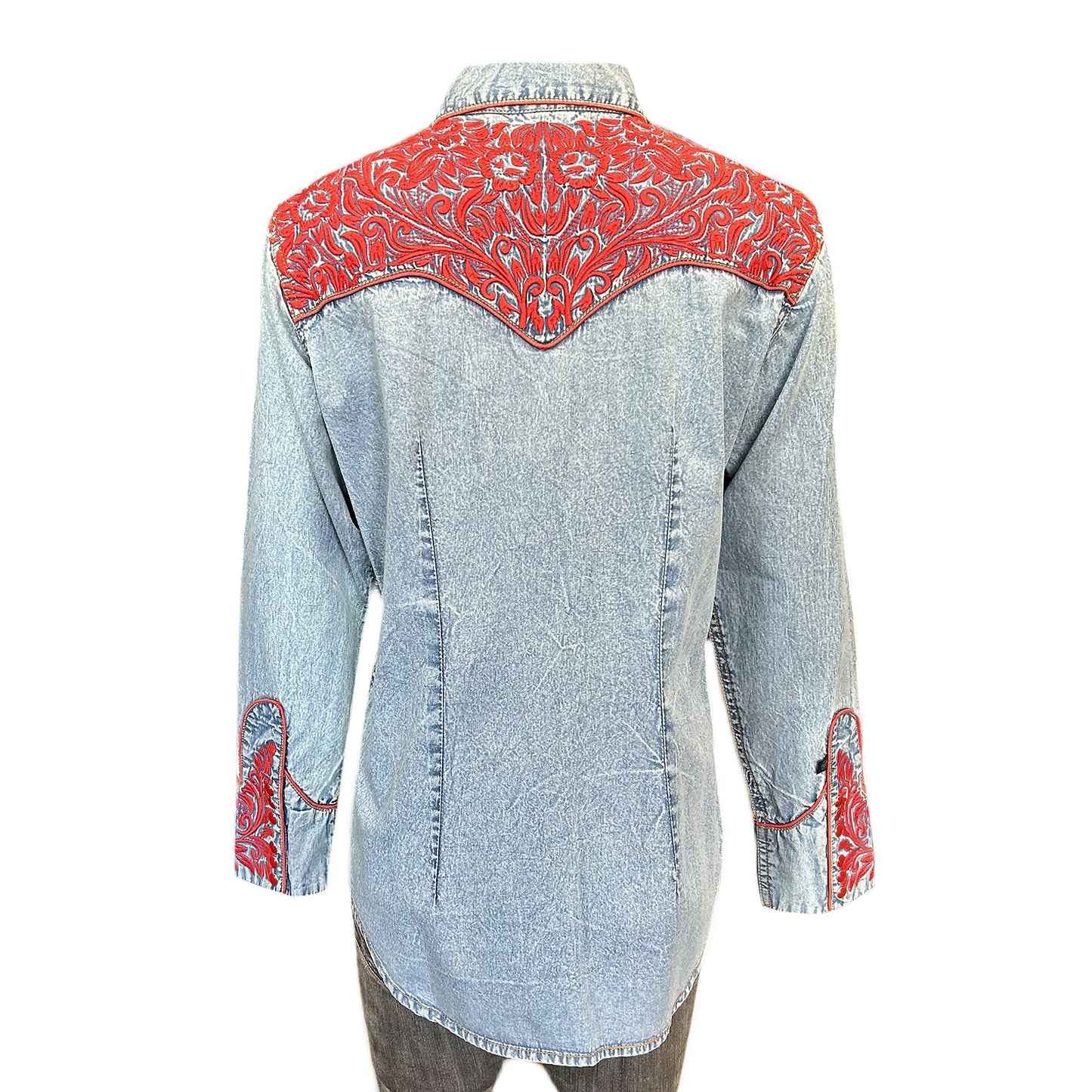 Vintage Tooling Embroidery Denim & Red Western Shirt