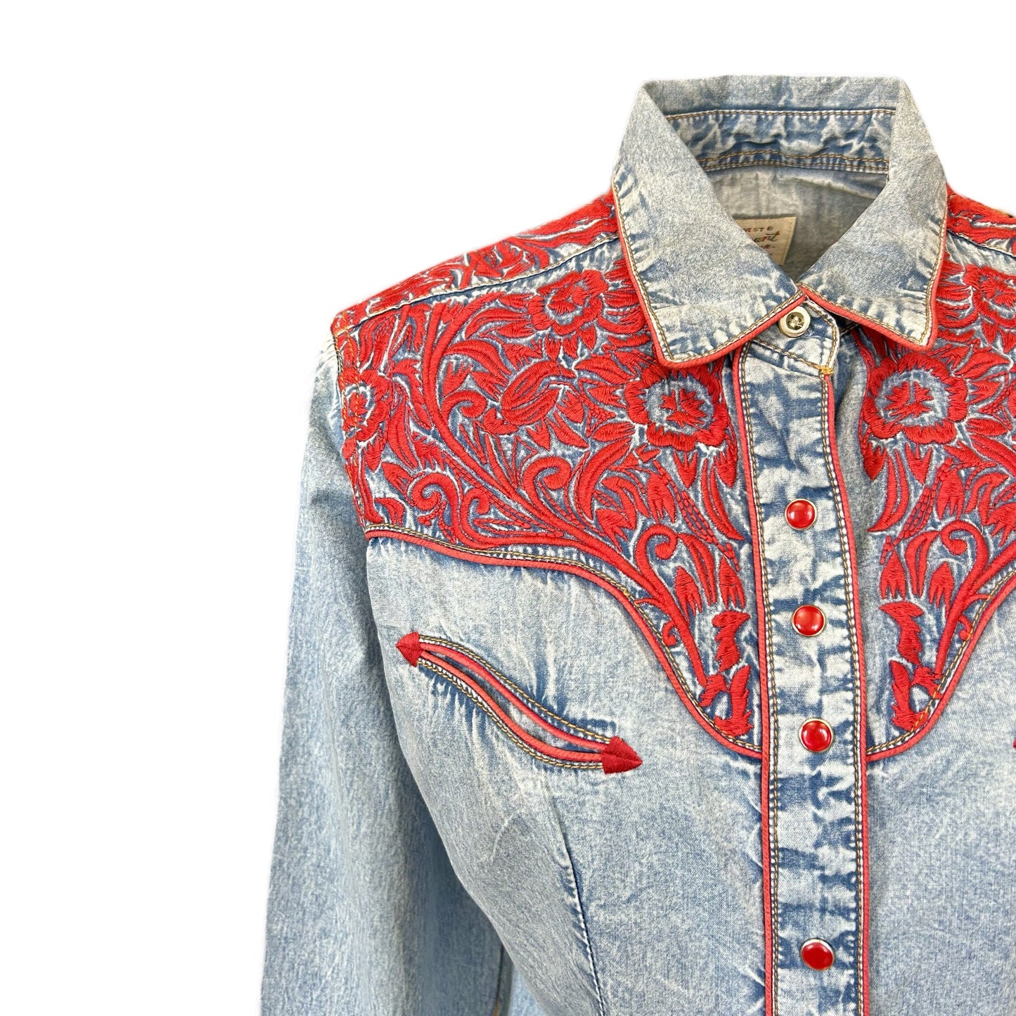 Vintage Tooling Embroidery Denim & Red Western Shirt