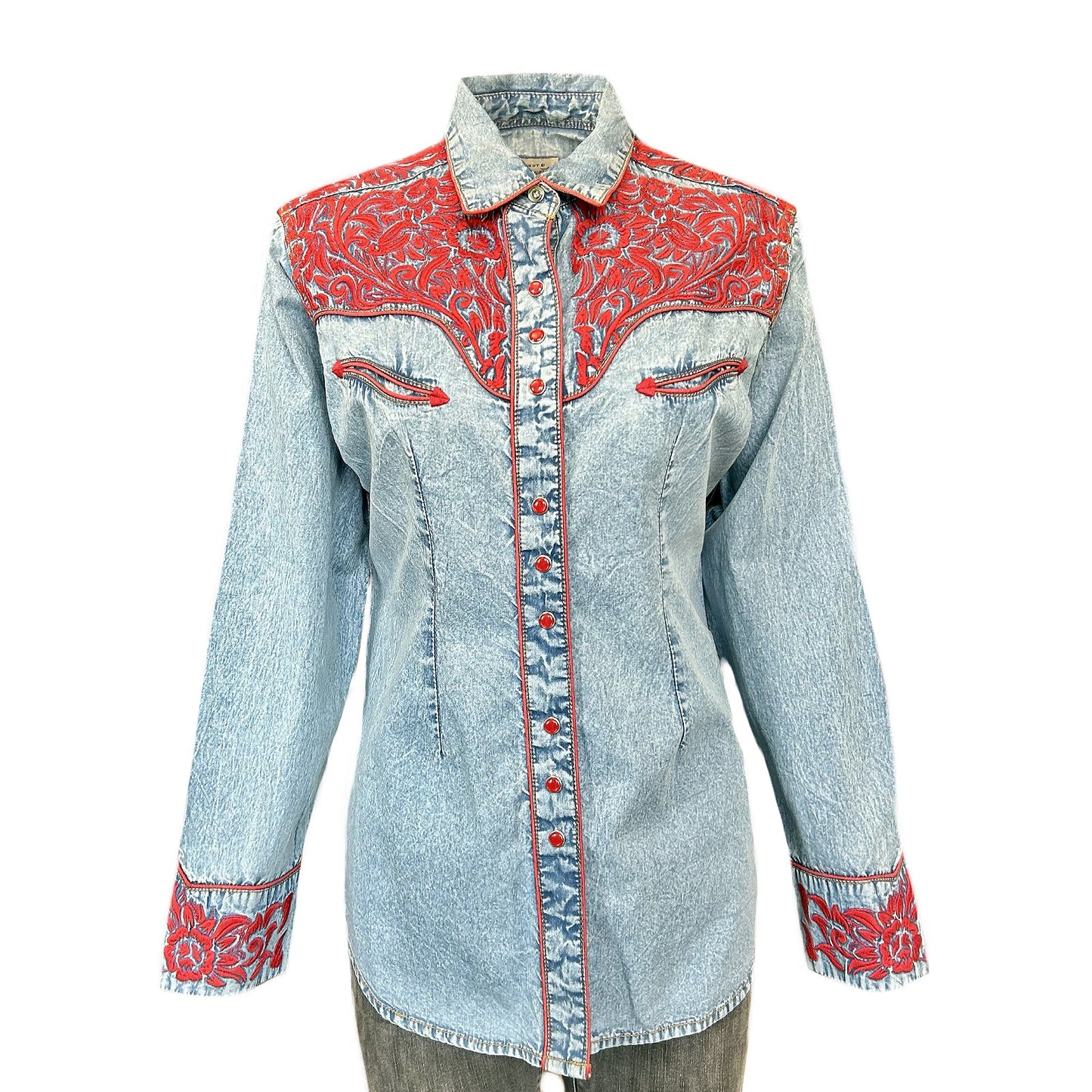 Vintage Tooling Embroidery Denim & Red Western Shirt