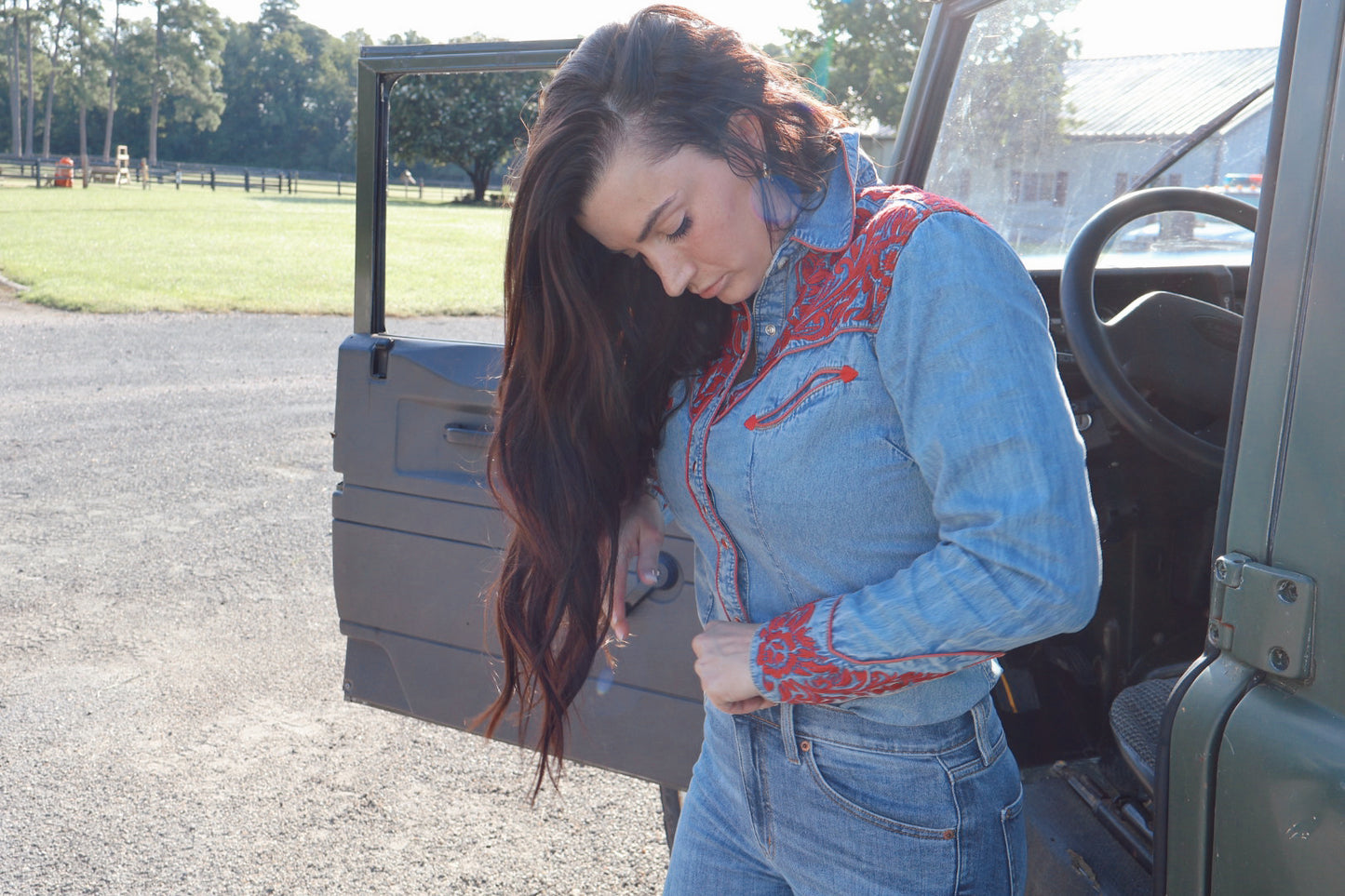 Vintage Tooling Embroidery Denim & Red Western Shirt