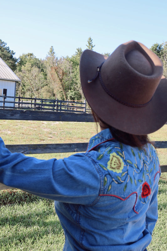 Vintage Floral Denim Embroidered Western Shirt