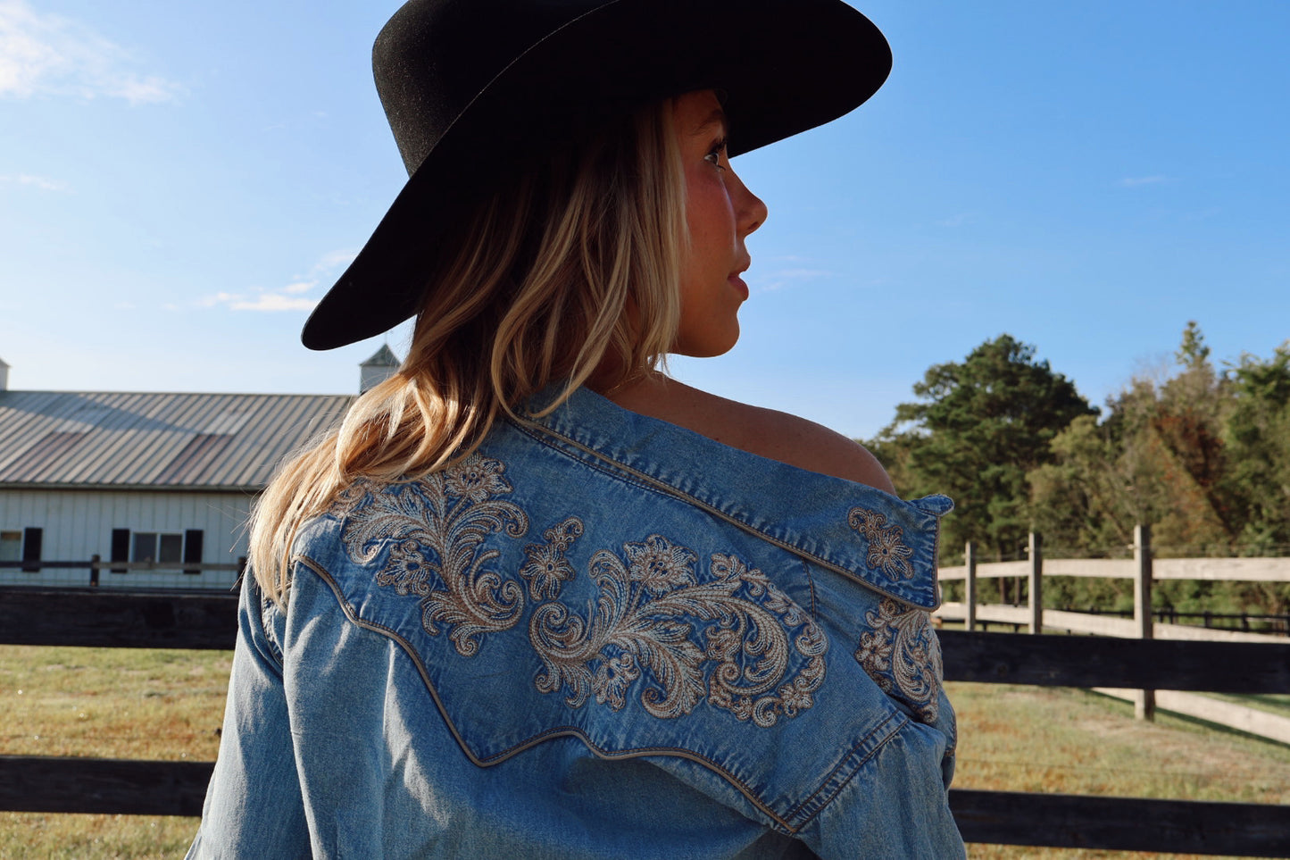 Vintage Denim Western Shirt with Floral Embroidery