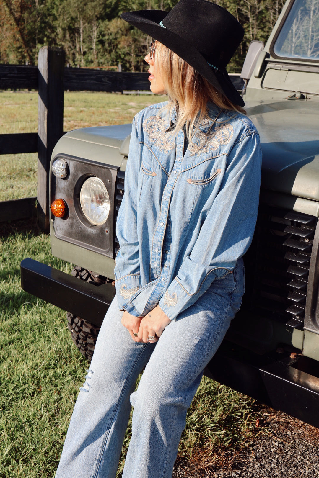 Vintage Denim Western Shirt with Floral Embroidery