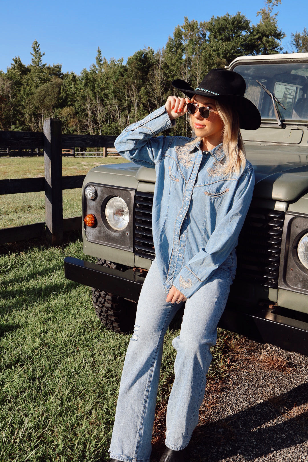 Vintage Denim Western Shirt with Floral Embroidery