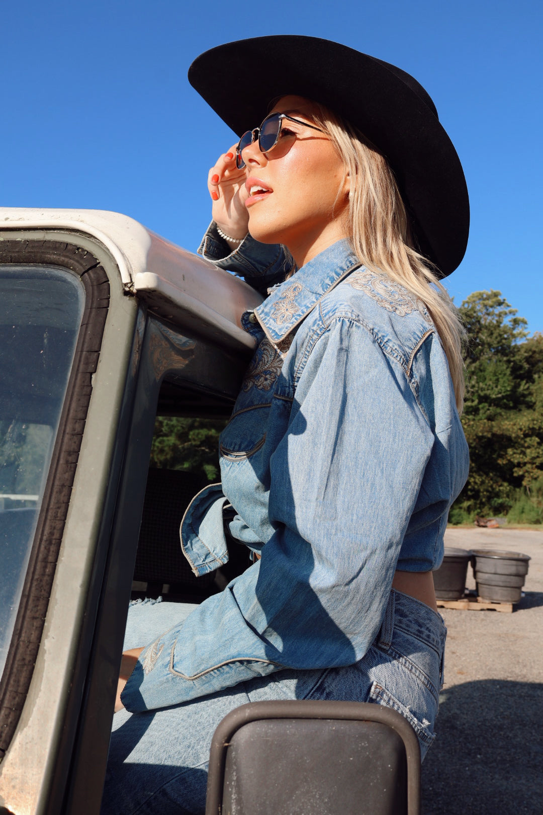 Vintage Denim Western Shirt with Floral Embroidery