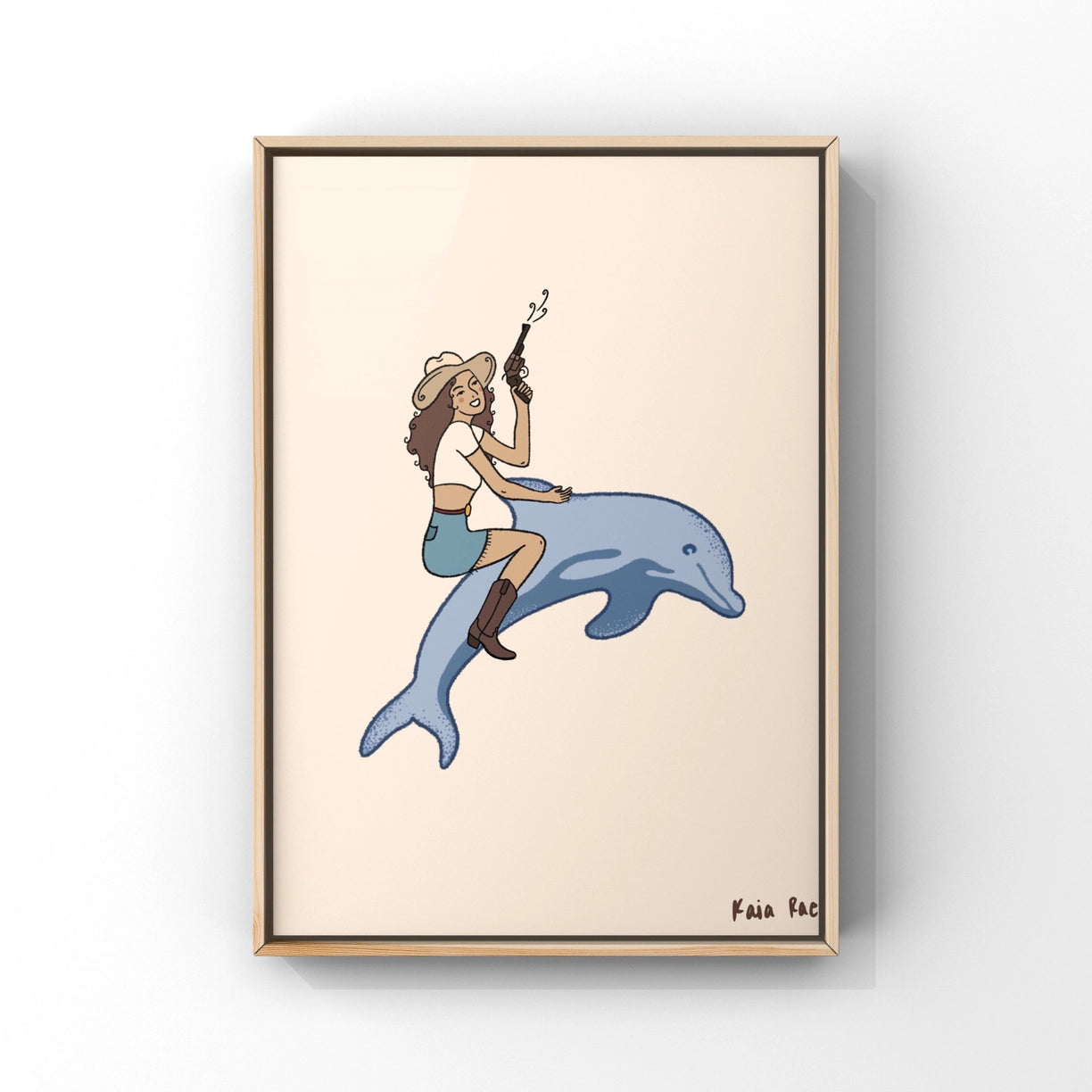 Ocean Wrangler Cowgirl Riding Dolphin Art Print