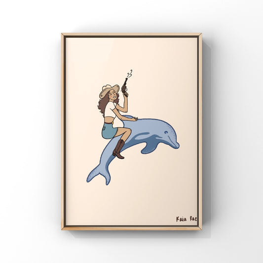 Ocean Wrangler Cowgirl Riding Dolphin Art Print