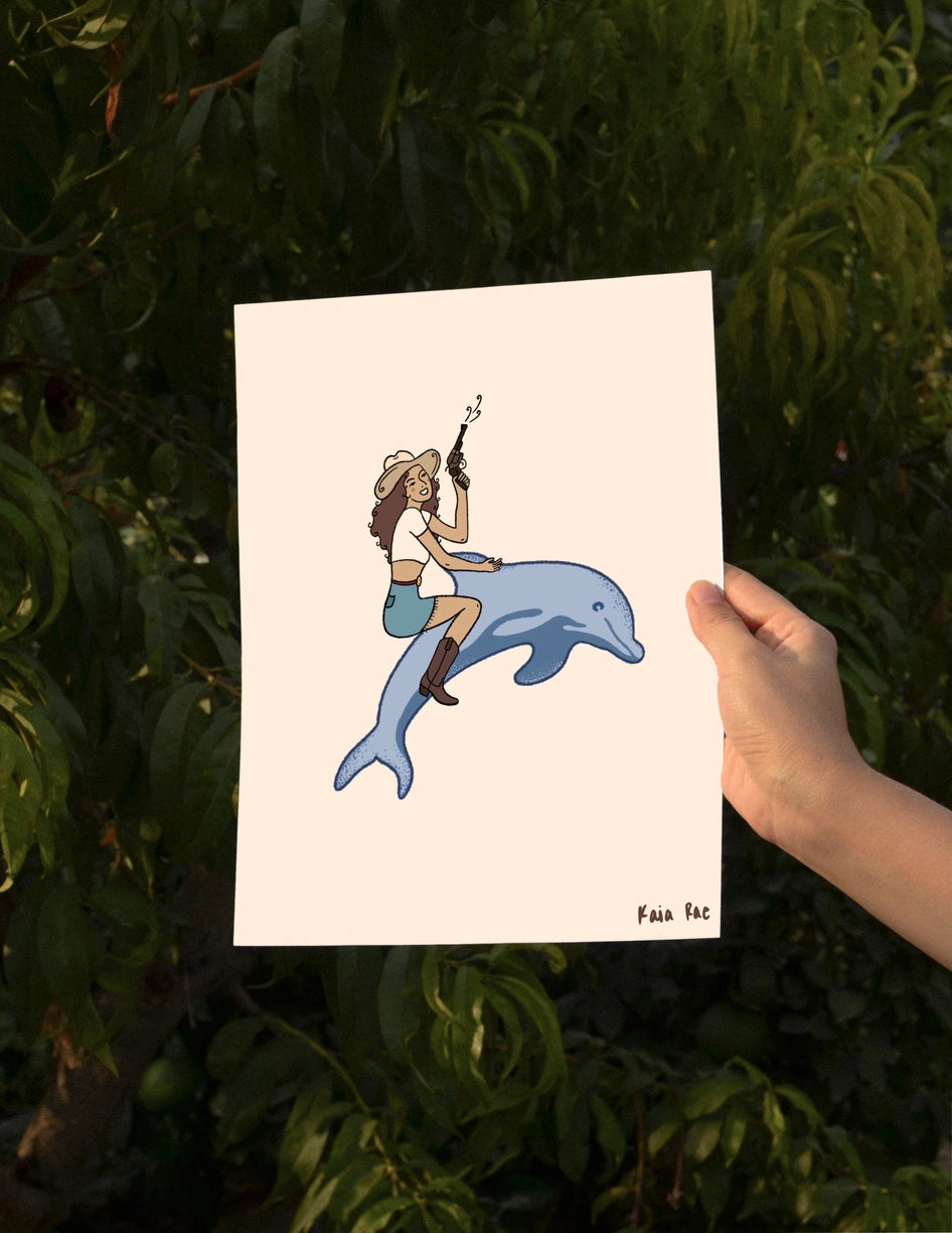 Ocean Wrangler Cowgirl Riding Dolphin Art Print